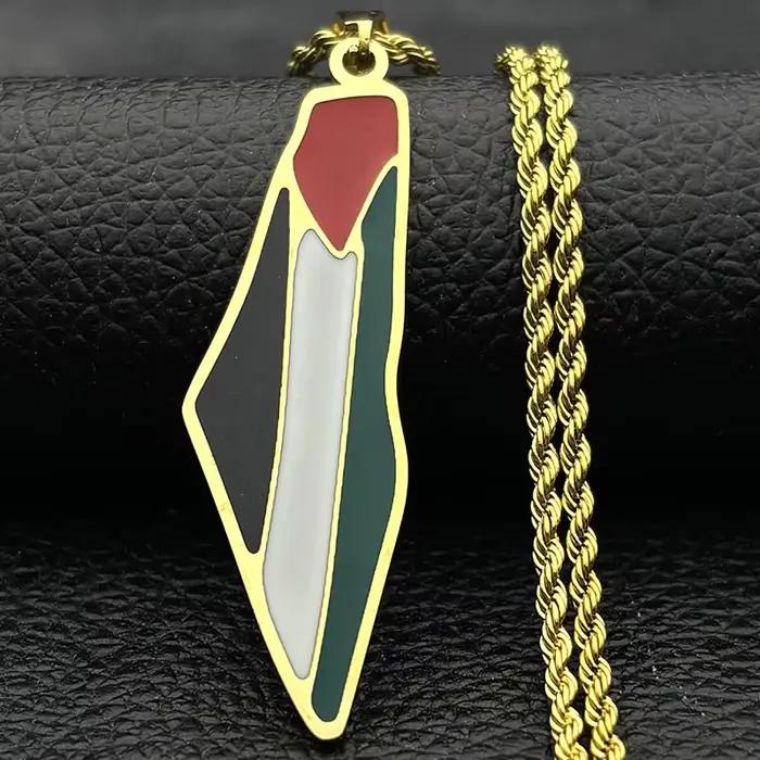 Collier avec pendentif drapeau de la carte de la Palestine arabe islamique pour femmes et hommes, en acier inoxydable, couleur or, chaîne de pays palestinien, bijoux