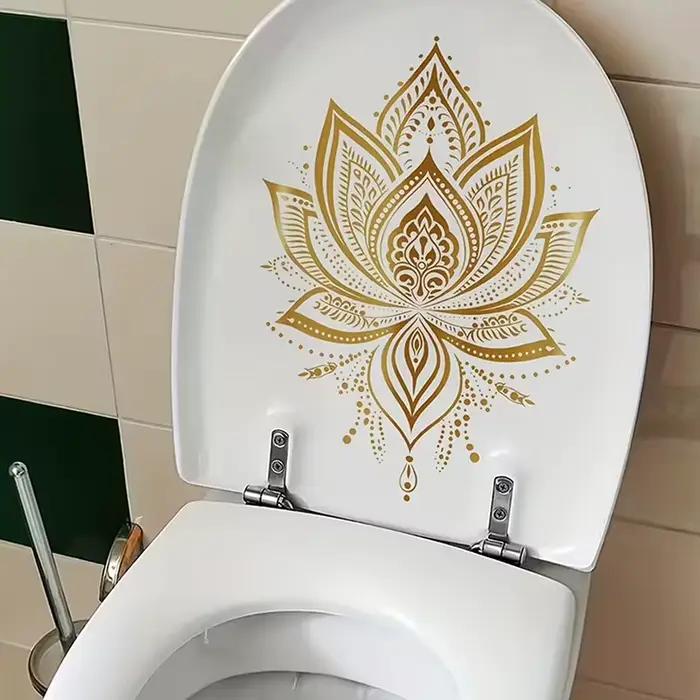 Autocollant mural amovible esthétique pour salle de bain, décoration intérieure, autocollant de toilette Lotus doré, décoration Lotus de style Zen, auto-adhésif