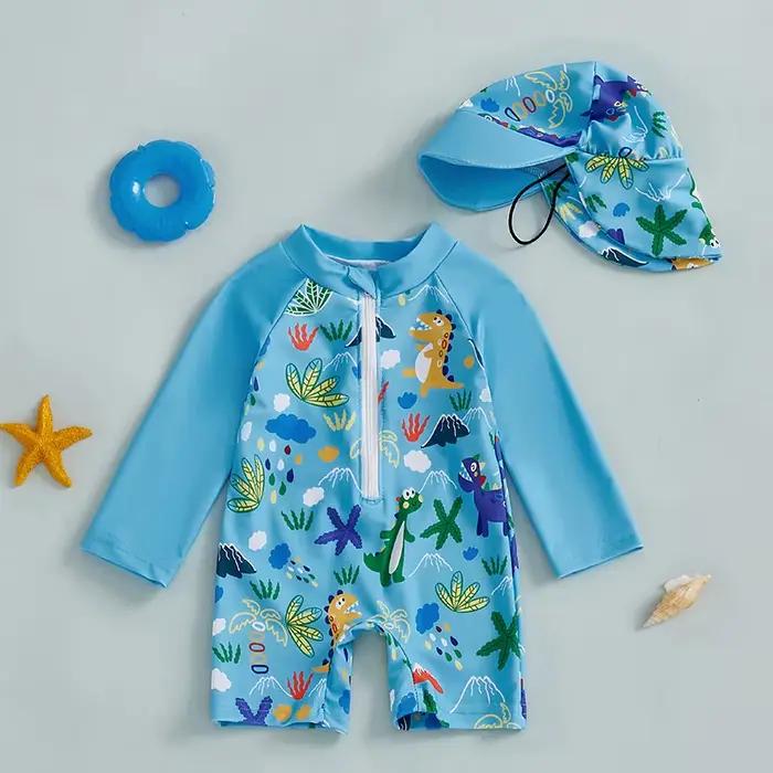 Maillot de bain 2 pièces pour enfants de 0 à 5 ans, imprimé requin, manches longues, demi-fermeture éclair, avec chapeau de soleil, maillot de bain pour tout-petits