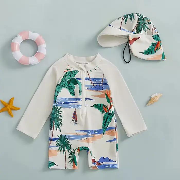 Maillot de bain 2 pièces pour enfants de 0 à 5 ans, imprimé requin, manches longues, demi-fermeture éclair, avec chapeau de soleil, maillot de bain pour tout-petits
