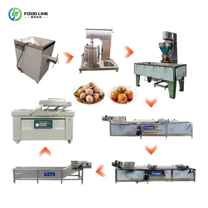 Ligne de production de boulettes de viande sur mesure : machine à former les boulettes, cuiseur, machine à rouler