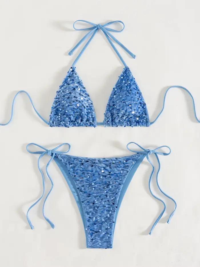 Maillot de bain sexy pour femme, ensemble bikini scintillant, maillot de bain féminin uni, tenue de plage, maillot de bain dos nu, trikini, dropshipping