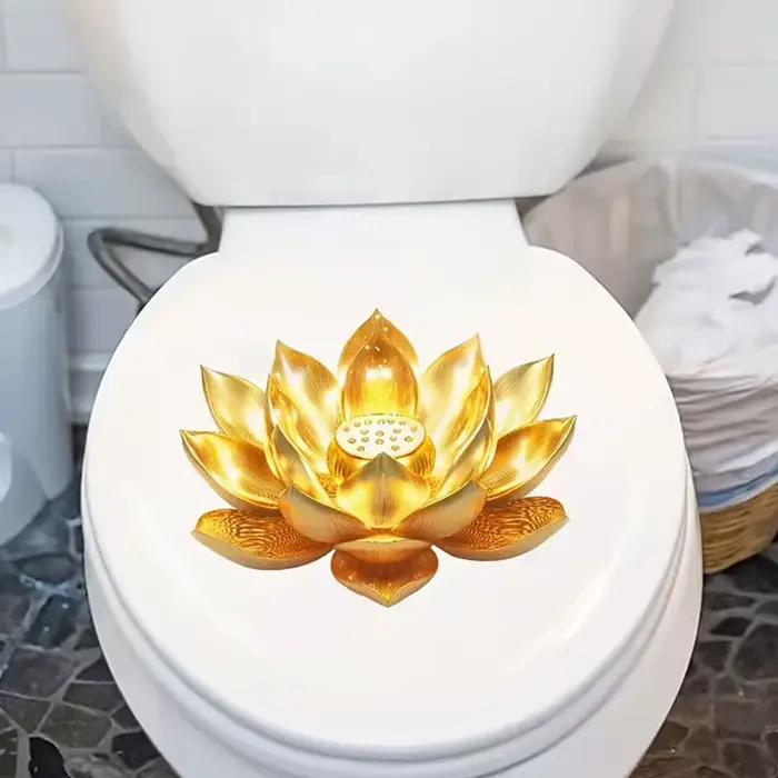 Autocollant mural amovible esthétique pour salle de bain, décoration intérieure, autocollant de toilette Lotus doré, décoration Lotus de style Zen, auto-adhésif