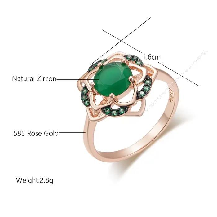SYOUJYO 585 couleur or Rose fleur verte bague femme squelette luxe naturel Zircon fête de mariage bijoux de mode