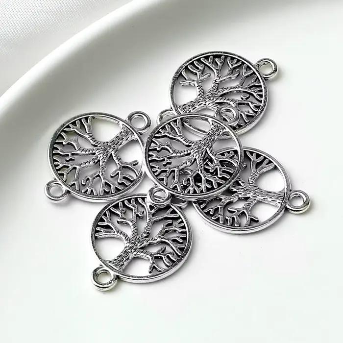 Pendentif Arbre de Vie Rond Creux Vintage Argenté pour Fabrication de Bracelets et Colliers DIY