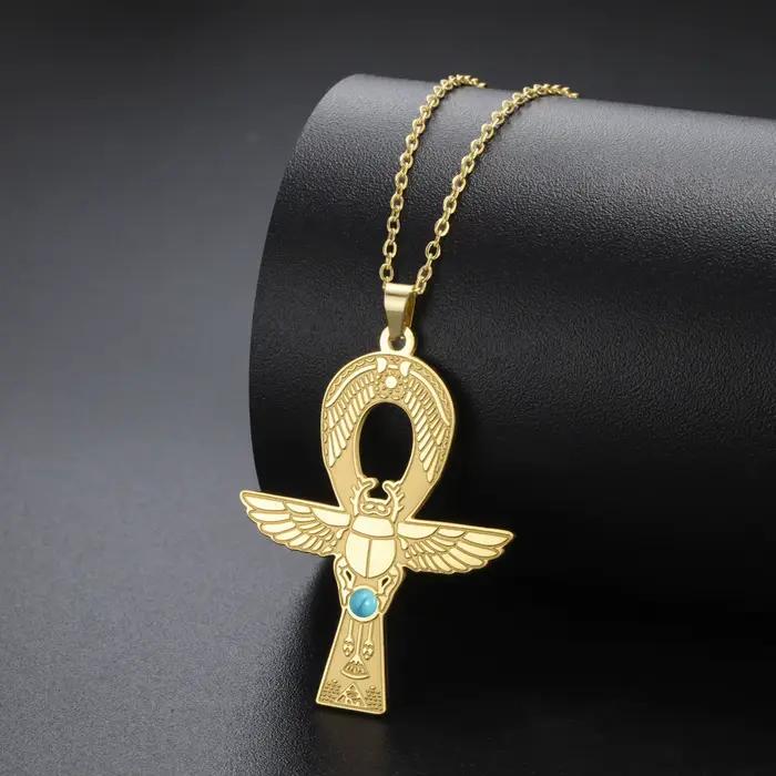 Kkjoy Collier Scarabée Croix Ankh Égyptienne Ancienne en Acier Inoxydable avec Incrustation de Turquoise