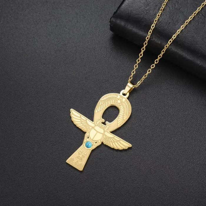 Kkjoy Collier Scarabée Croix Ankh Égyptienne Ancienne en Acier Inoxydable avec Incrustation de Turquoise