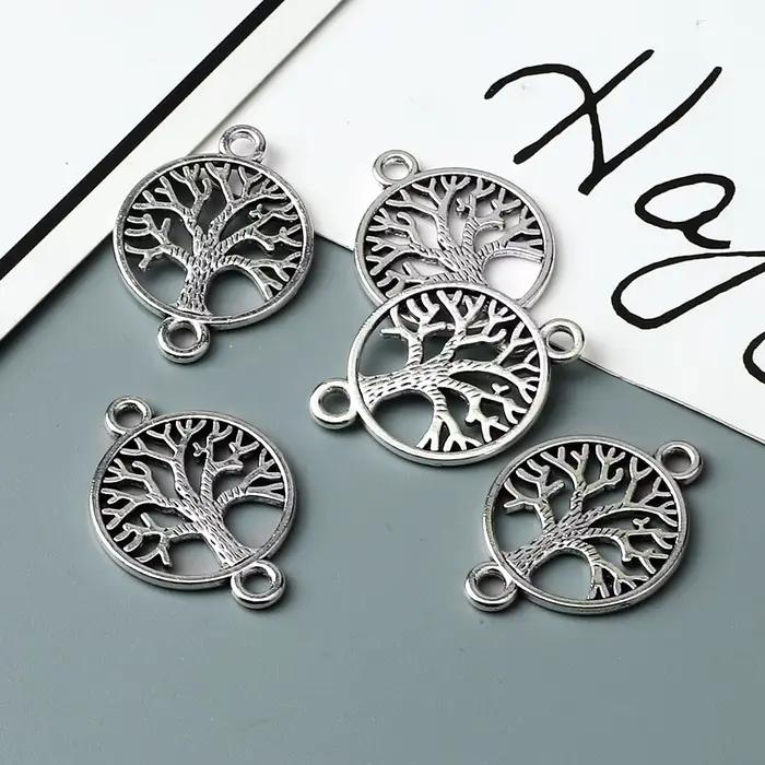 Pendentif Arbre de Vie Rond Creux Vintage Argenté pour Fabrication de Bracelets et Colliers DIY