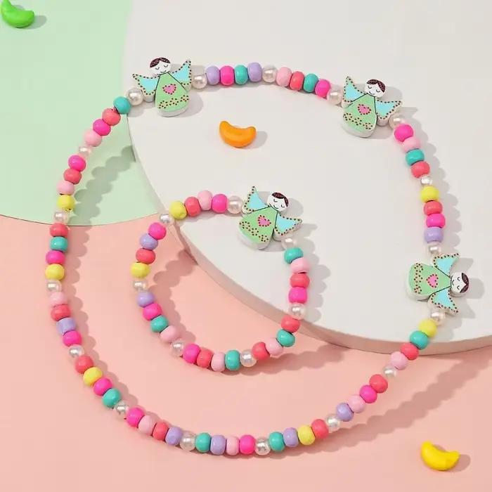 Ensembles de collier et bracelet CÔTÉ cinelle rouge pour filles, perles en bois naturel, motif de dessin animé mignon, cadeaux d'anniversaire, ensembles de bijoux à la mode