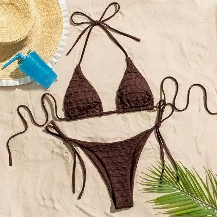 Femmes solide marron Micro Bikini ensemble String licou Triangle String Sexy froissé maillot de bain maillot de bain Mujer Biquine Brasileiro