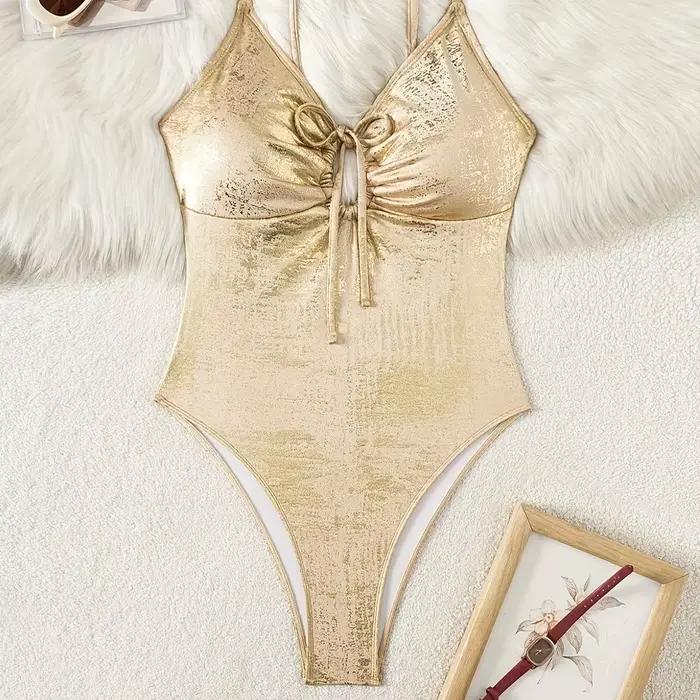 Maillot de bain sexy pour femme, une pièce, tendance, brillant, col en V, à lacets, confortable, pour la plage et les sources chaudes, avec découpes
