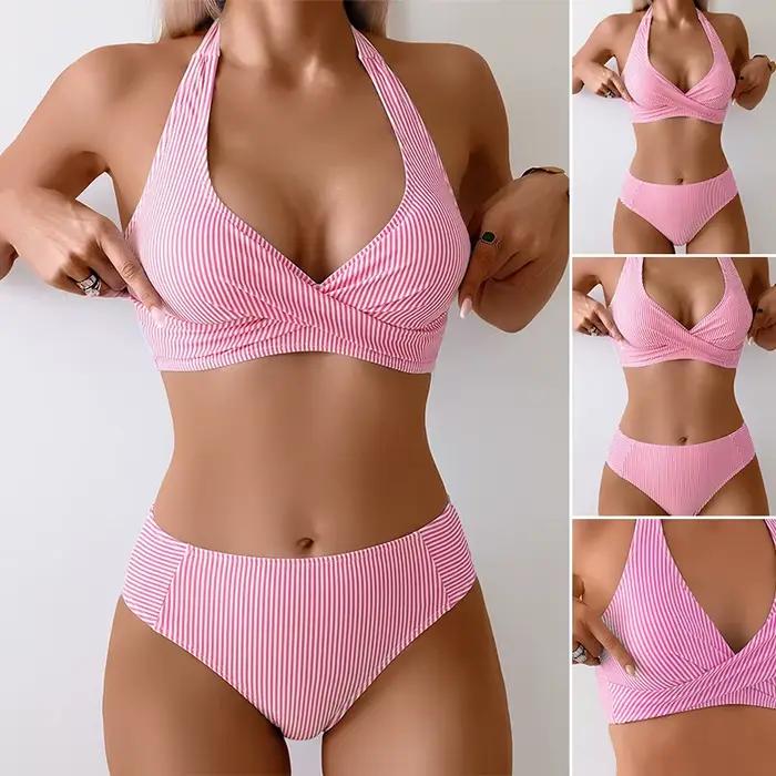 Haut de bikini rayé sexy pour femme avec bretelles à nouer, maillot de bain tendance en polyester pour adultes