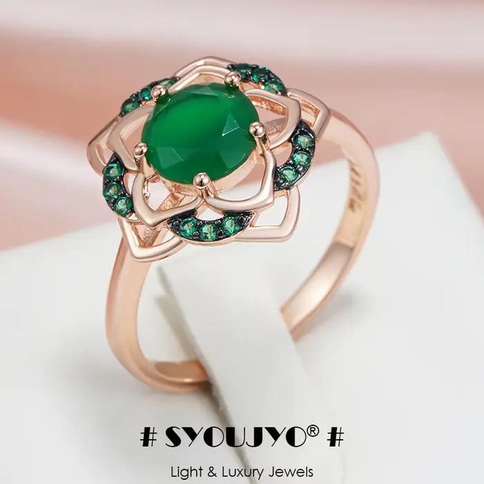 SYOUJYO 585 couleur or Rose fleur verte bague femme squelette luxe naturel Zircon fête de mariage bijoux de mode