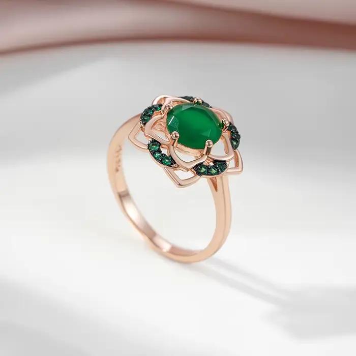 SYOUJYO 585 couleur or Rose fleur verte bague femme squelette luxe naturel Zircon fête de mariage bijoux de mode