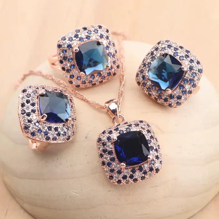 Ensemble de bijoux de mariée en argent 925, couleur or Rose, Zircon bleu pour femmes, boucles d'oreilles, bagues, pendentif, ensemble de collier de mariage