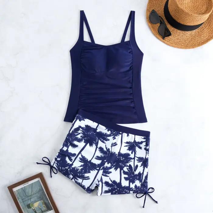 Maillots de bain tankini pour femmes, imprimés, avec short à cordon de serrage latéral, maillot de bain deux pièces tendance pour les vacances à la plage