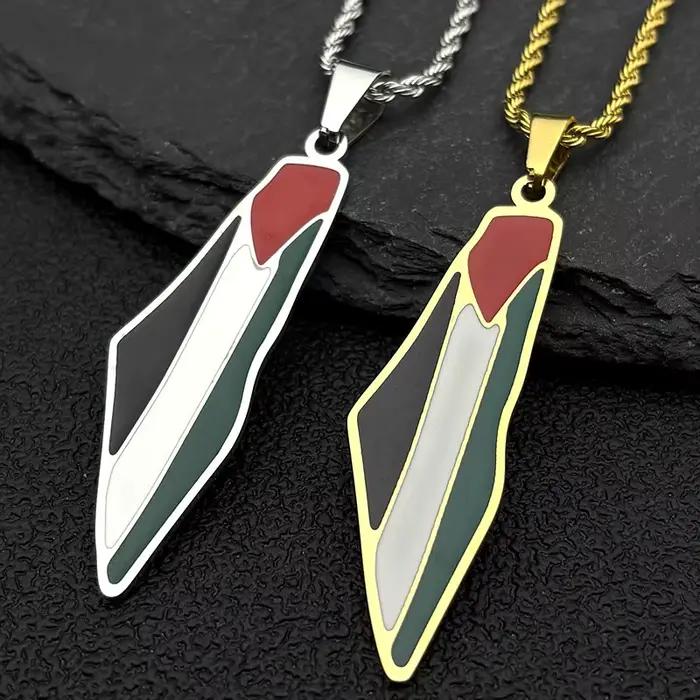 Collier avec pendentif drapeau de la carte de la Palestine arabe islamique pour femmes et hommes, en acier inoxydable, couleur or, chaîne de pays palestinien, bijoux