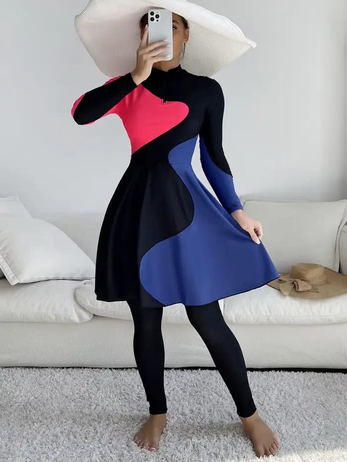 Burkini patchwork bleu et rouge pour femme musulmane, robe longue et culotte, maillots de bain à couverture complète, nouveaux maillots de bain modestes, 2 pièces