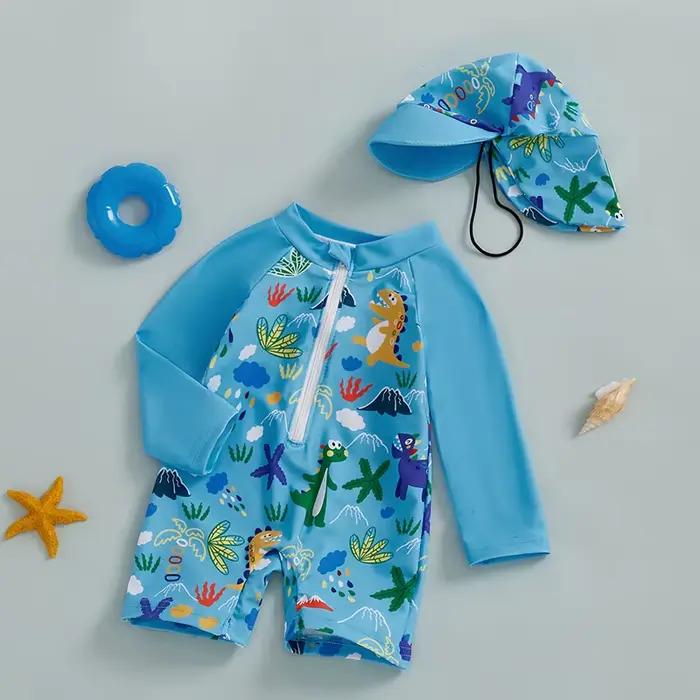 Maillot de bain 2 pièces pour enfants de 0 à 5 ans, imprimé requin, manches longues, demi-fermeture éclair, avec chapeau de soleil, maillot de bain pour tout-petits