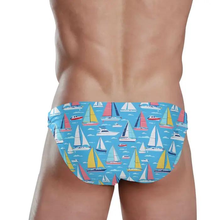 Slip de bain de marque pour hommes, taille basse, imprimé voile, maillots de bain, avec coussinet push-up, short Sexy, boxer, été