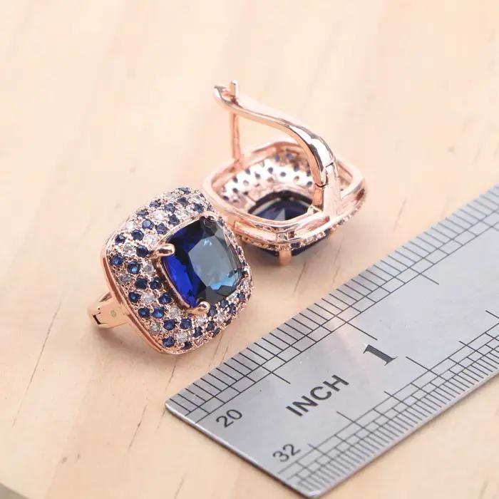Ensemble de bijoux de mariée en argent 925, couleur or Rose, Zircon bleu pour femmes, boucles d'oreilles, bagues, pendentif, ensemble de collier de mariage