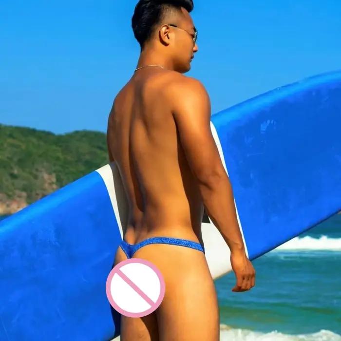 String de bain à motif Denim pour hommes, slip de Bikini avec cordon de serrage, sac de maillot de bain imprimé, maillot de bain de surf à séchage rapide,demi hanche bain homme,mini shorty de bain tai