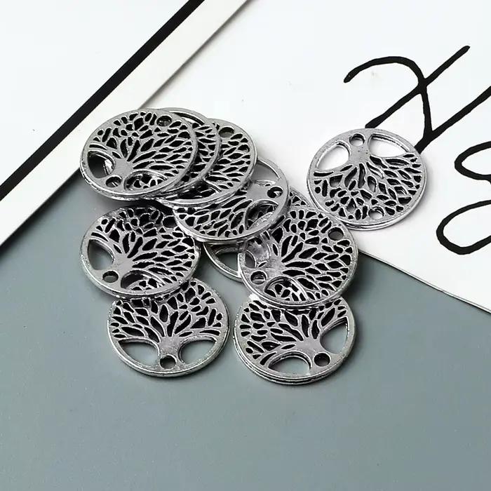 Pendentif Arbre de Vie Rond Creux Vintage Argenté pour Fabrication de Bracelets et Colliers DIY