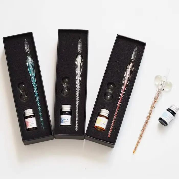 Stylo à tremper en verre de cristal, coffret cadeau, poudre d'or colorée, ensemble de stylos de Signature, papeterie créative, cadeaux pour amis, camarades de classe