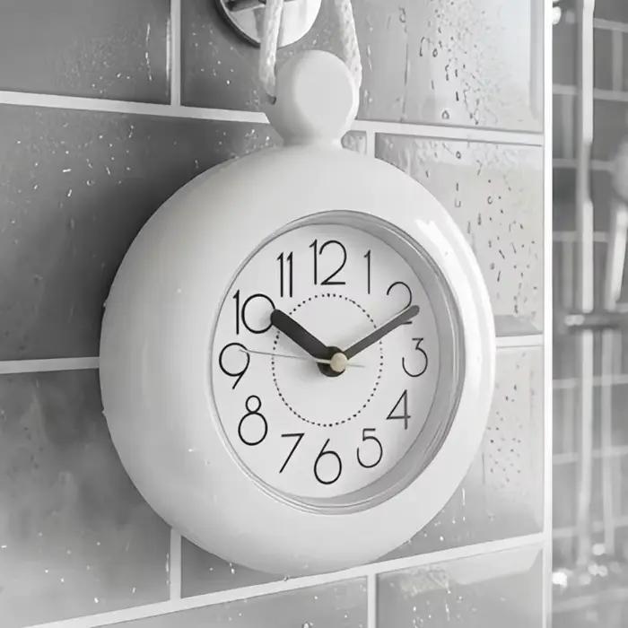 Horloge murale salle bain, horloge analogique ronde suspendue avec conception étanche, mécanisme à faible bruit, boîtier