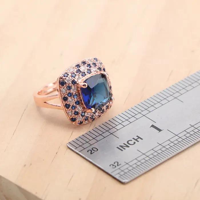 Ensemble de bijoux de mariée en argent 925, couleur or Rose, Zircon bleu pour femmes, boucles d'oreilles, bagues, pendentif, ensemble de collier de mariage
