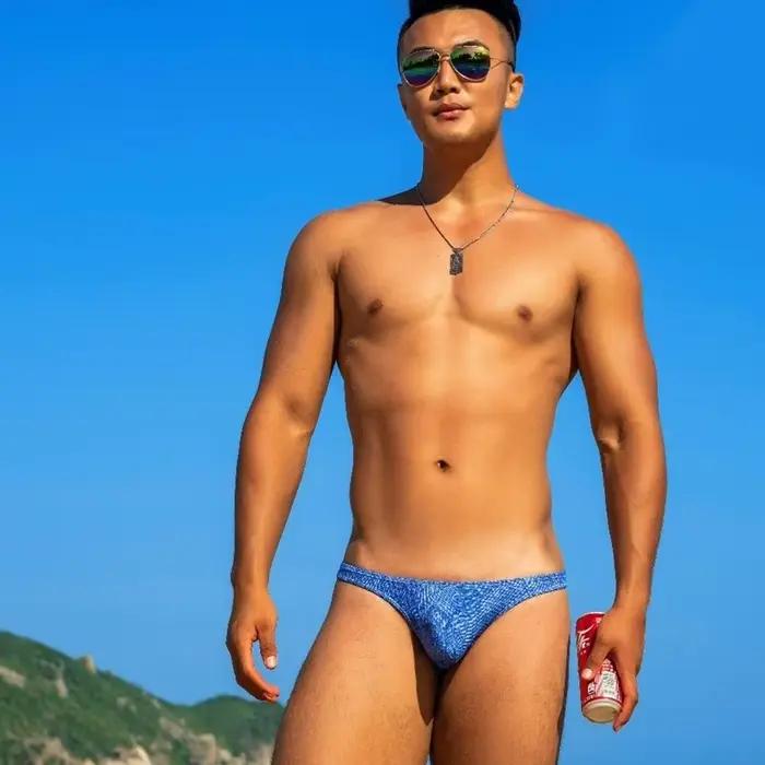 String de bain à motif Denim pour hommes, slip de Bikini avec cordon de serrage, sac de maillot de bain imprimé, maillot de bain de surf à séchage rapide,demi hanche bain homme,mini shorty de bain tai