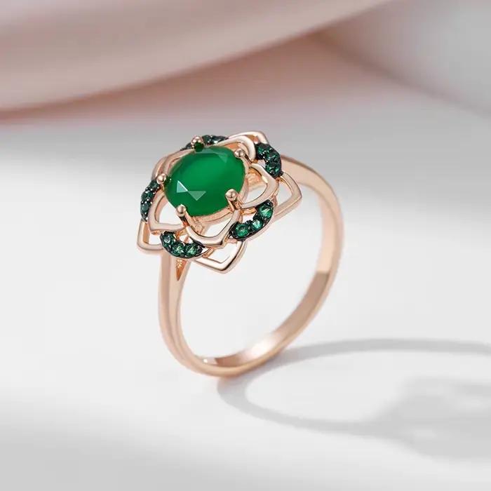 SYOUJYO 585 couleur or Rose fleur verte bague femme squelette luxe naturel Zircon fête de mariage bijoux de mode