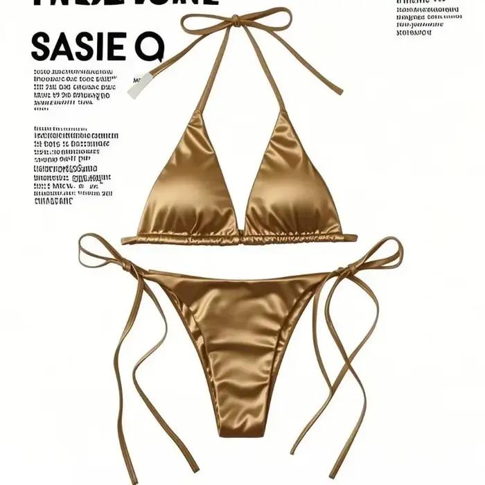 Femmes solide marron Micro Bikini ensemble String licou Triangle String Sexy froissé maillot de bain maillot de bain Mujer Biquine Brasileiro