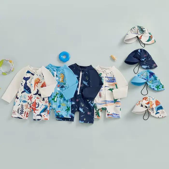 Maillot de bain 2 pièces pour enfants de 0 à 5 ans, imprimé requin, manches longues, demi-fermeture éclair, avec chapeau de soleil, maillot de bain pour tout-petits