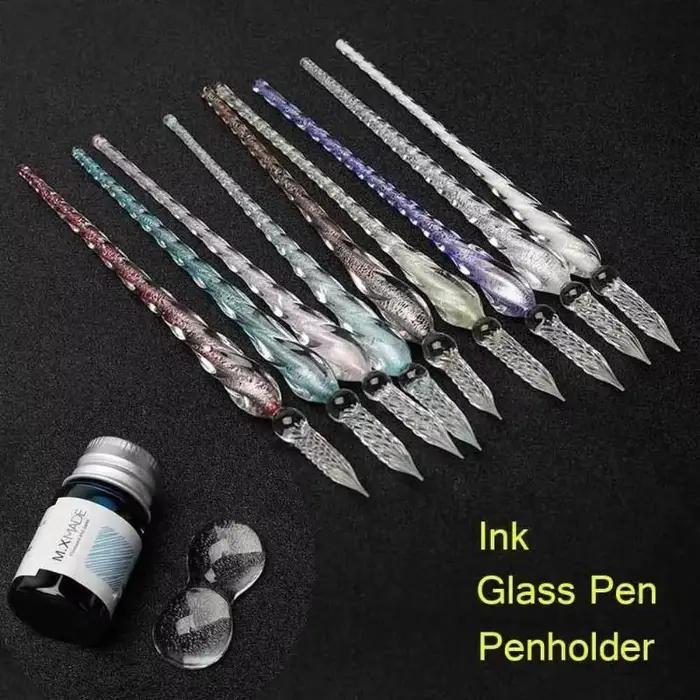 Stylo à tremper en verre de cristal, coffret cadeau, poudre d'or colorée, ensemble de stylos de Signature, papeterie créative, cadeaux pour amis, camarades de classe
