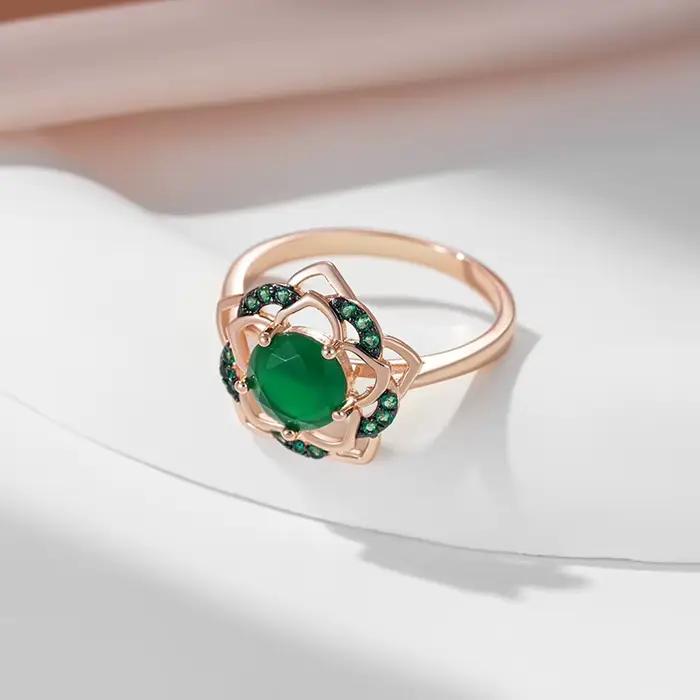 SYOUJYO 585 couleur or Rose fleur verte bague femme squelette luxe naturel Zircon fête de mariage bijoux de mode