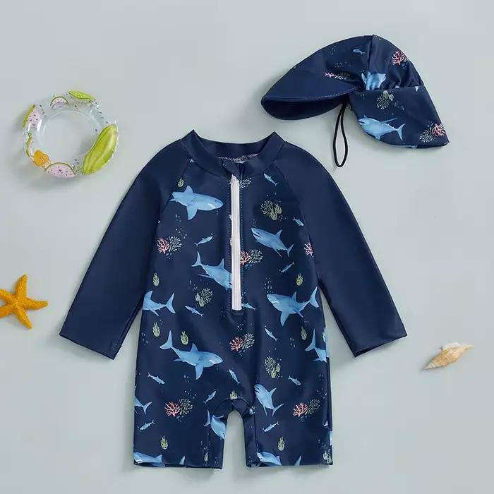 Maillot de bain 2 pièces pour enfants de 0 à 5 ans, imprimé requin, manches longues, demi-fermeture éclair, avec chapeau de soleil, maillot de bain pour tout-petits
