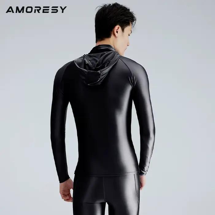 Maillot de bain sexy en soie pour hommes, lisse et brillant, pantalon serré, surf, séchage rapide, manches longues, haut à capuche, fitness, combinaisons respirantes