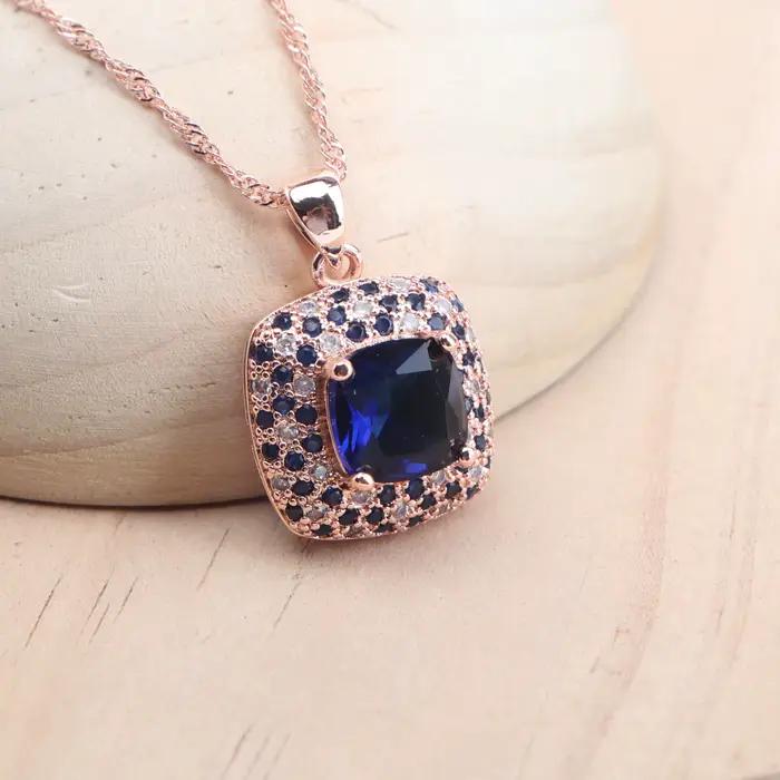 Ensemble de bijoux de mariée en argent 925, couleur or Rose, Zircon bleu pour femmes, boucles d'oreilles, bagues, pendentif, ensemble de collier de mariage