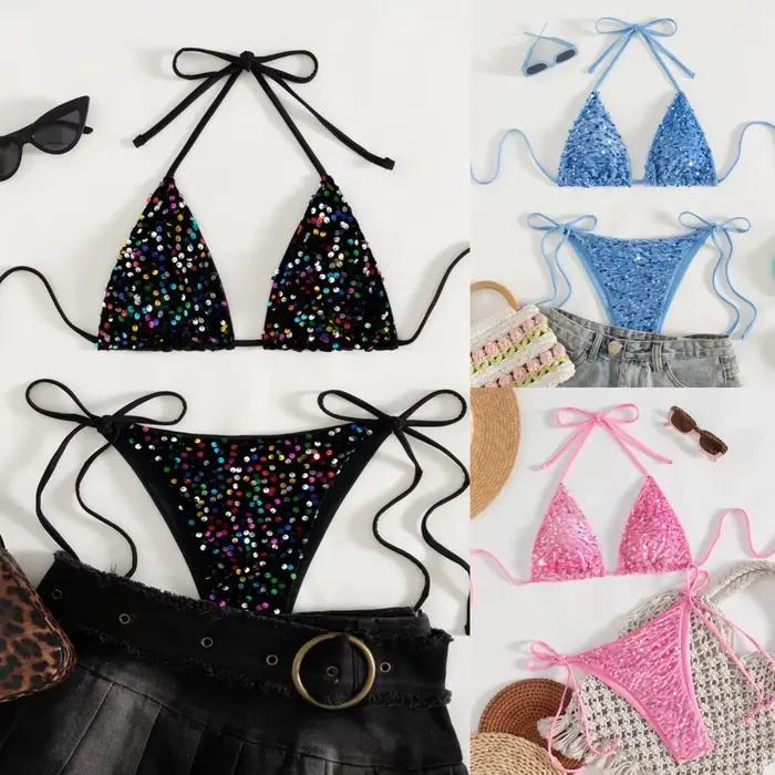 Maillot de bain sexy pour femme, ensemble bikini scintillant, maillot de bain féminin uni, tenue de plage, maillot de bain dos nu, trikini, dropshipping