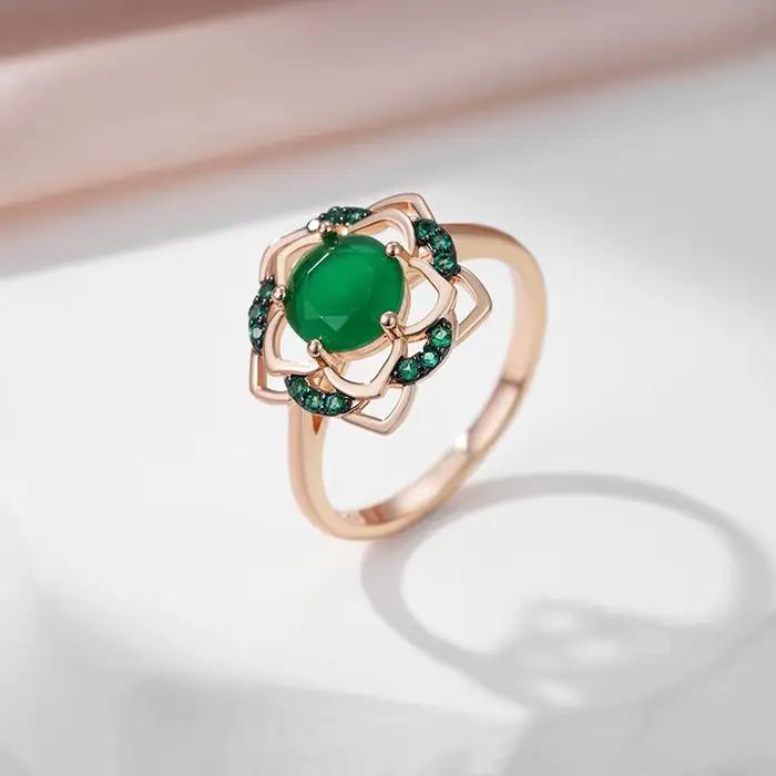 SYOUJYO 585 couleur or Rose fleur verte bague femme squelette luxe naturel Zircon fête de mariage bijoux de mode
