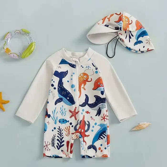 Maillot de bain 2 pièces pour enfants de 0 à 5 ans, imprimé requin, manches longues, demi-fermeture éclair, avec chapeau de soleil, maillot de bain pour tout-petits