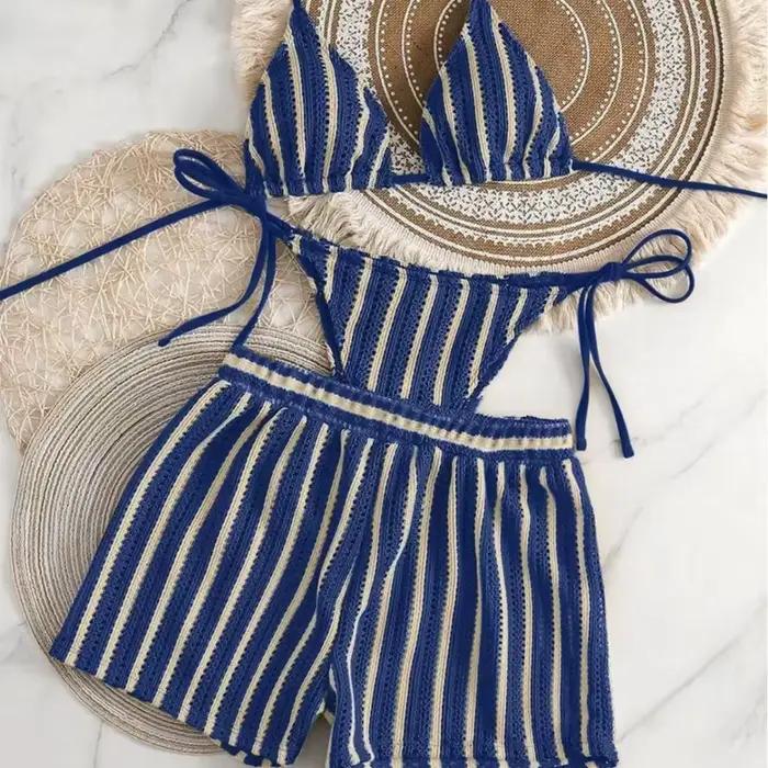 Nouvelle collection 2026 : Ensemble maillot de bain trois pièces pour femme avec short boxer en maille et bikini à lacets au cou