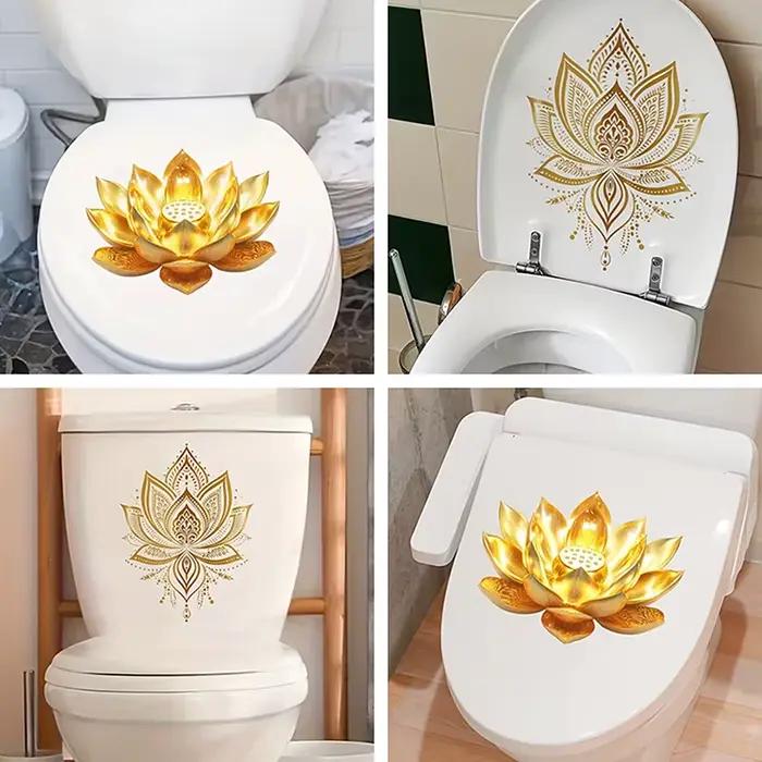 Autocollant mural amovible esthétique pour salle de bain, décoration intérieure, autocollant de toilette Lotus doré, décoration Lotus de style Zen, auto-adhésif