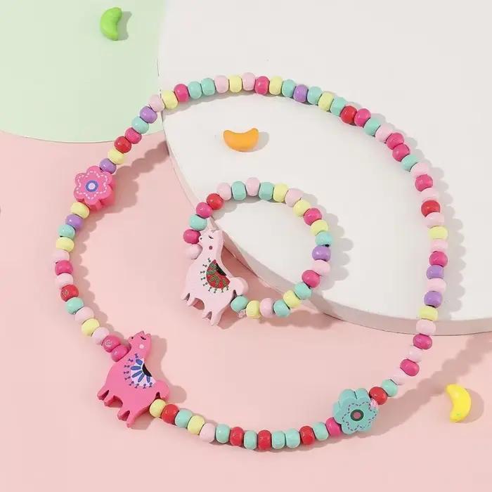 Ensembles de collier et bracelet CÔTÉ cinelle rouge pour filles, perles en bois naturel, motif de dessin animé mignon, cadeaux d'anniversaire, ensembles de bijoux à la mode