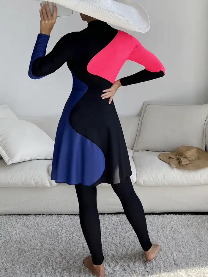 Burkini patchwork bleu et rouge pour femme musulmane, robe longue et culotte, maillots de bain à couverture complète, nouveaux maillots de bain modestes, 2 pièces