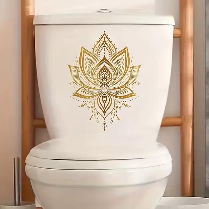 Autocollant mural amovible esthétique pour salle de bain, décoration intérieure, autocollant de toilette Lotus doré, décoration Lotus de style Zen, auto-adhésif