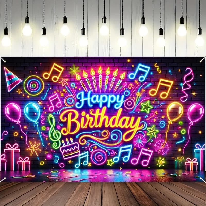 Bannière graffiti néon joyeux anniversaire. Fond de photographie de fête en vinyle adapté à la décor