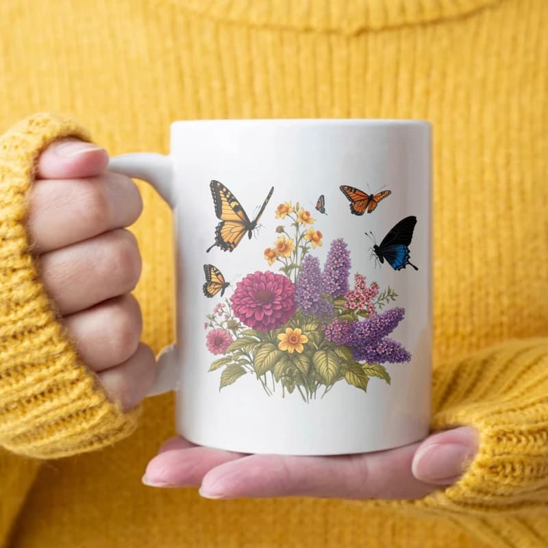 Tasse papillon florale, blanche, avec fleurs lumineuses et design papillon, adaptée aux plaisirs de
