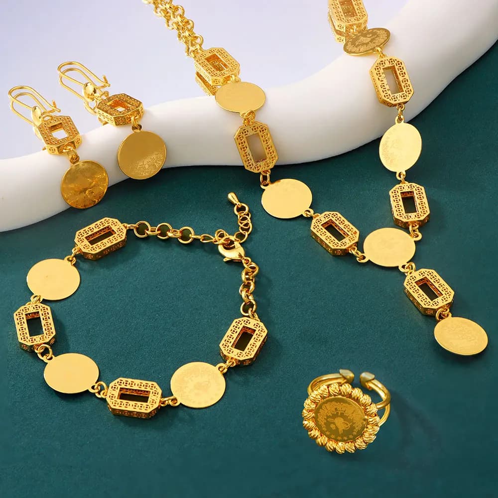 Ensemble de bijoux de pièces de monnaie vintage turques plaquées or 21 carats, collier de mariée ara